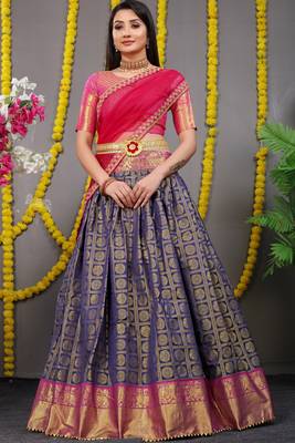 Navy-blue jacquard art silk semi stitched lehenga 2