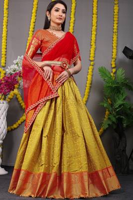 Mustard jacquard art silk semi stitched lehenga 2