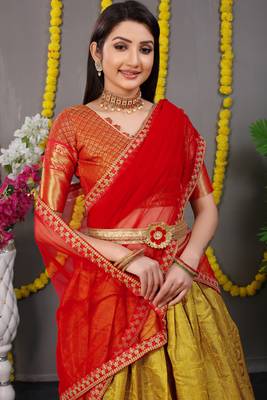 Mustard jacquard art silk semi stitched lehenga 3