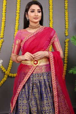 Navy-blue jacquard art silk semi stitched lehenga 4