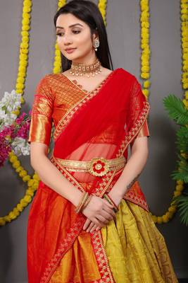 Mustard jacquard art silk semi stitched lehenga 4