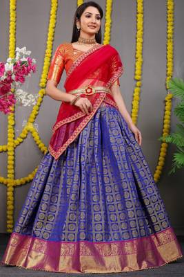 Blue jacquard art silk semi stitched lehenga 2