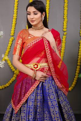 Blue jacquard art silk semi stitched lehenga 4