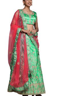 Green diamond satin semi stitched lehenga