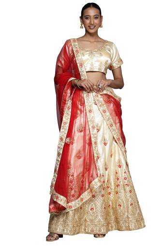 Cream diamond satin semi stitched lehenga