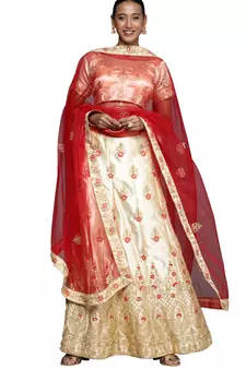 Cream diamond satin semi stitched lehenga