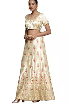 Cream diamond satin semi stitched lehenga