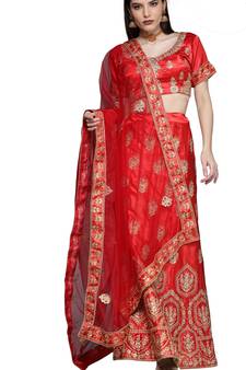 Red diamond satin semi stitched lehenga