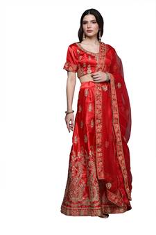 Red diamond satin semi stitched lehenga
