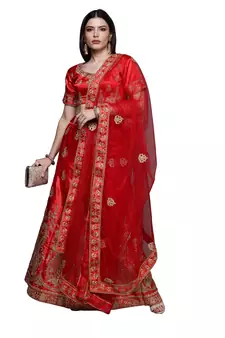 Red diamond satin semi stitched lehenga
