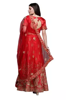 Red diamond satin semi stitched lehenga