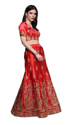 Red diamond satin semi stitched lehenga 4