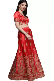 Red diamond satin semi stitched lehenga