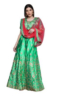 Green diamond satin semi stitched lehenga 1