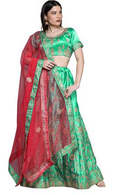Green diamond satin semi stitched lehenga 2