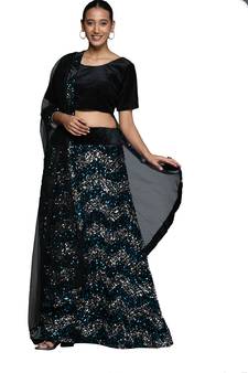 Multicolor sequins velvet semi stitched lehenga