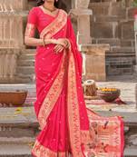 Pink woven banarasi silk saree with blouse
