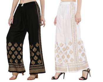 Women Black & White Combo Set Gold Print Palazzo-Pants (Free Size) 2