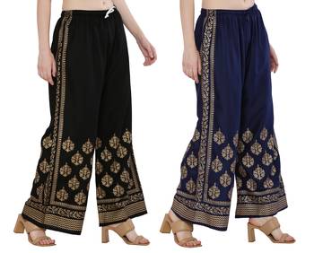 Women Black & Navy Combo Set Gold Print Palazzo-Pants (Free Size) 2
