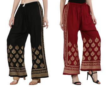 Women Black & Maroon Combo Set Gold Print Palazzo-Pants (Free Size) 2