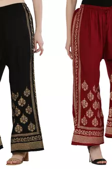 Women Black & Maroon Combo Set Gold Print Palazzo-Pants (Free Size)