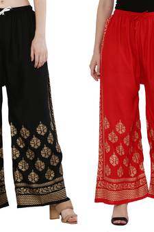 Women Black & Red Combo Set Gold Print Palazzo-Pants (Free Size)