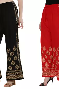 Women Black & Red Combo Set Gold Print Palazzo-Pants (Free Size)