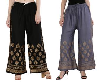 Women Black & Bluish Grey Combo Set Gold Print Palazzo-Pants (Free Size) 1