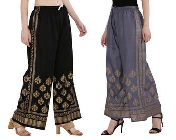 Women Black & Bluish Grey Combo Set Gold Print Palazzo-Pants (Free Size) 2