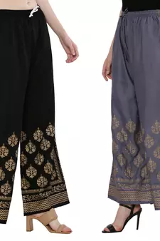 Women Black & Bluish Grey Combo Set Gold Print Palazzo-Pants (Free Size)