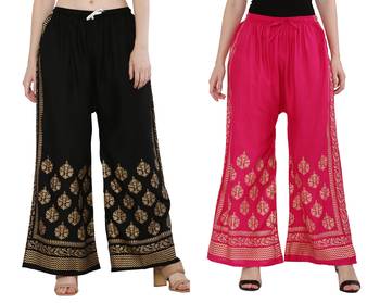 Women Black & Pink Combo Set Gold Print Palazzo-Pants (Free Size) 1