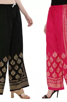 Women Black & Pink Combo Set Gold Print Palazzo-Pants (Free Size)