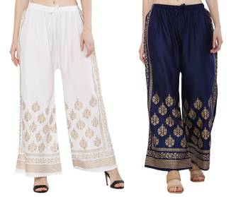 Women White & Navy Combo Set Gold Print Palazzo-Pants (Free Size) 1