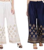Women White & Navy Combo Set Gold Print Palazzo-Pants (Free Size)