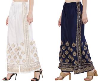 Women White & Navy Combo Set Gold Print Palazzo-Pants (Free Size) 2