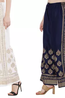 Women White & Navy Combo Set Gold Print Palazzo-Pants (Free Size)