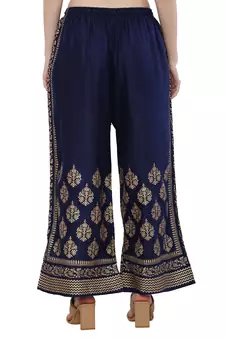 Women White & Navy Combo Set Gold Print Palazzo-Pants (Free Size)