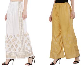 Women White & Peach Combo Set Gold Print Palazzo-Pants (Free Size) 2