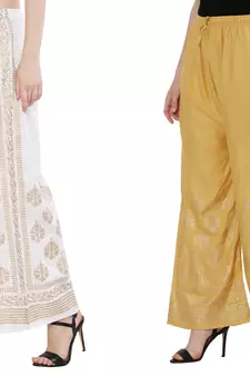 Women White & Peach Combo Set Gold Print Palazzo-Pants (Free Size)