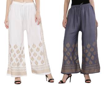 Women White & Bluish Grey Combo Set Gold Print Palazzo-Pants (Free Size) 1