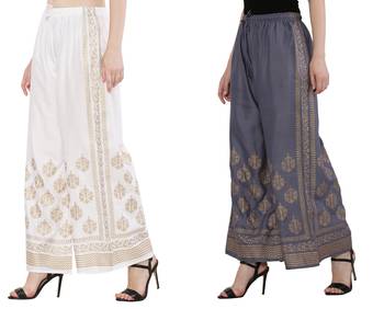 Women White & Bluish Grey Combo Set Gold Print Palazzo-Pants (Free Size) 2