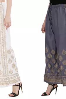 Women White & Bluish Grey Combo Set Gold Print Palazzo-Pants (Free Size)