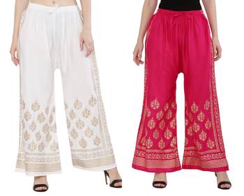 Women White & Pink Combo Set Gold Print Palazzo-Pants (Free Size) 1