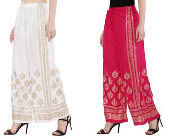 Women White & Pink Combo Set Gold Print Palazzo-Pants (Free Size) 2