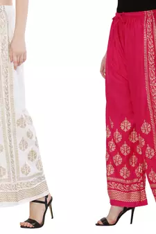 Women White & Pink Combo Set Gold Print Palazzo-Pants (Free Size)