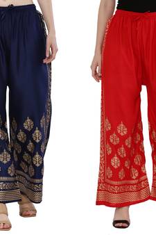 Women Navy & Red Combo Set Gold Print Palazzo-Pants (Free Size)