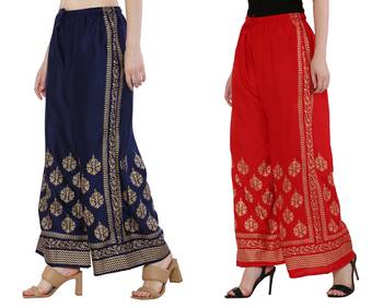 Women Navy & Red Combo Set Gold Print Palazzo-Pants (Free Size) 2