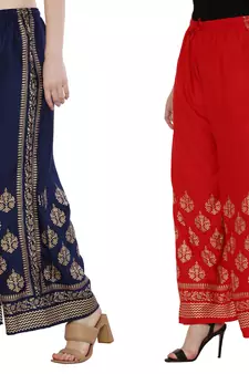Women Navy & Red Combo Set Gold Print Palazzo-Pants (Free Size)