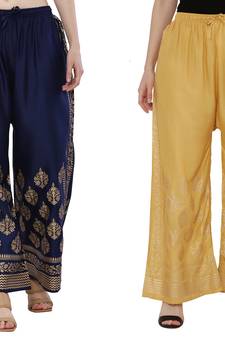 Women Navy & Peach Combo Set Gold Print Palazzo-Pants (Free Size)