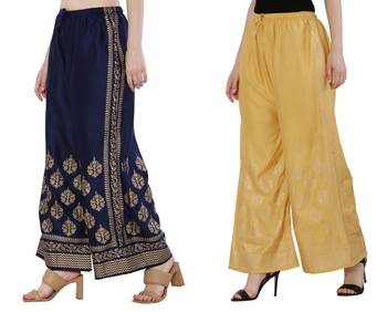 Women Navy & Peach Combo Set Gold Print Palazzo-Pants (Free Size) 2